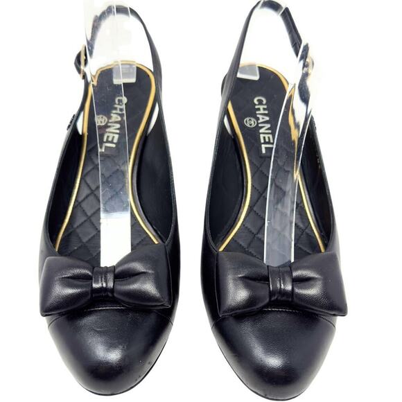 Chanel CC Logo Bow Black Gold Slingback Quilted Mary Jane Block Heels Loafers 38 - Picture 3 of 12